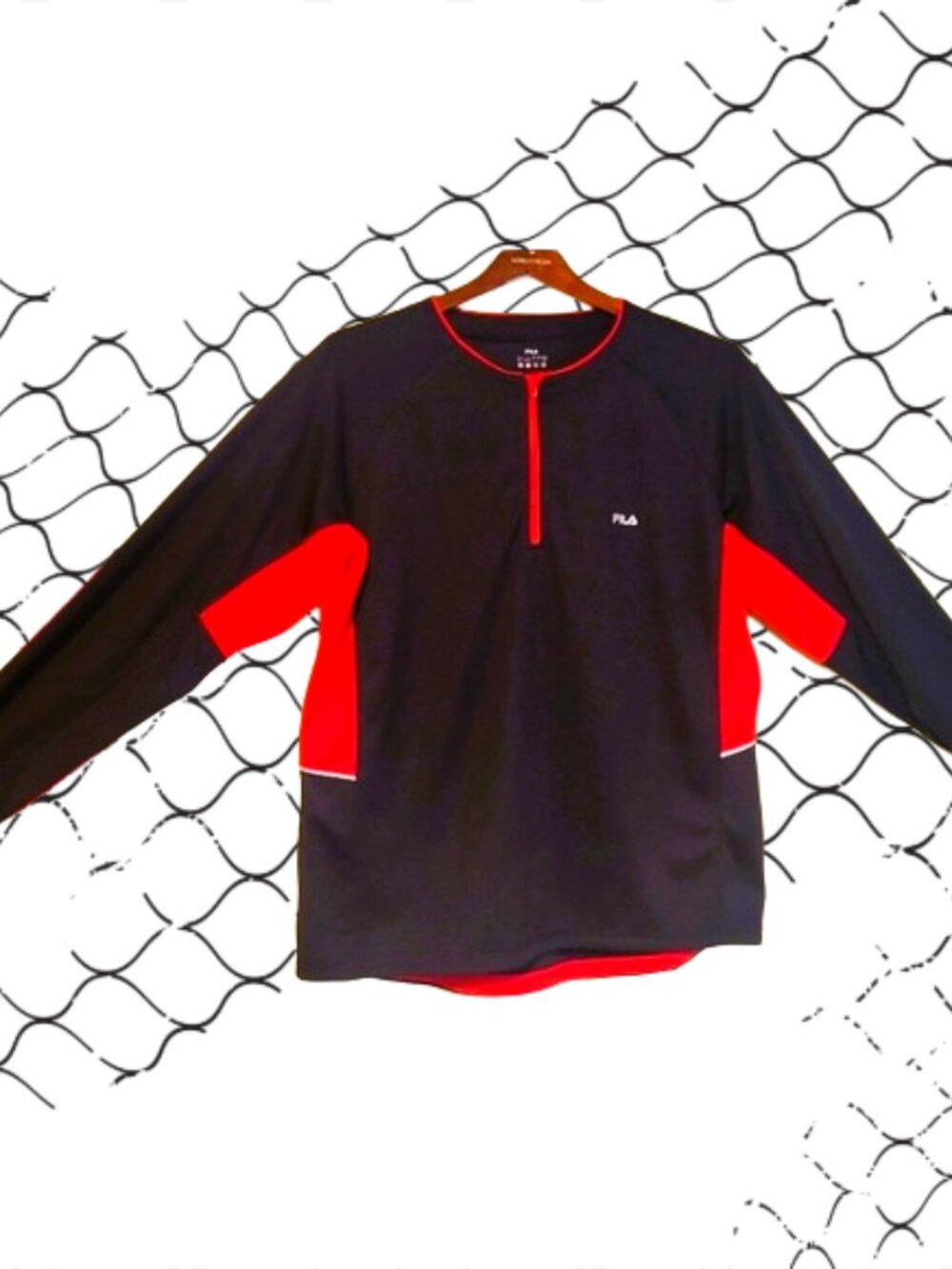FILA vintage Sport Cycling Jersey Men's large, Red & Black, 3/4 Zip Long Sleeves